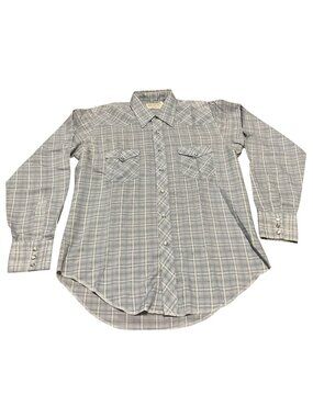 Wrangler Blue Plaid Long Sleeve Western Shirt XLT Pearl Snap Closure Vintage USA